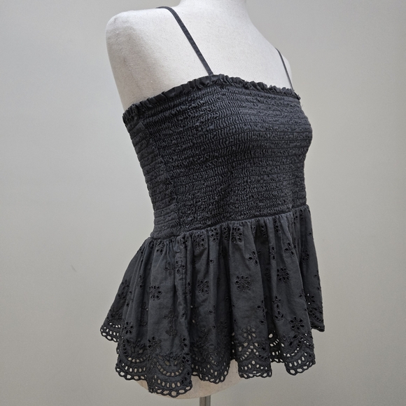 American Eagle Tank Top Shirt Lace Smocked Eyelet Babydoll Charcoal Women's XL - Picture 8 of 16
